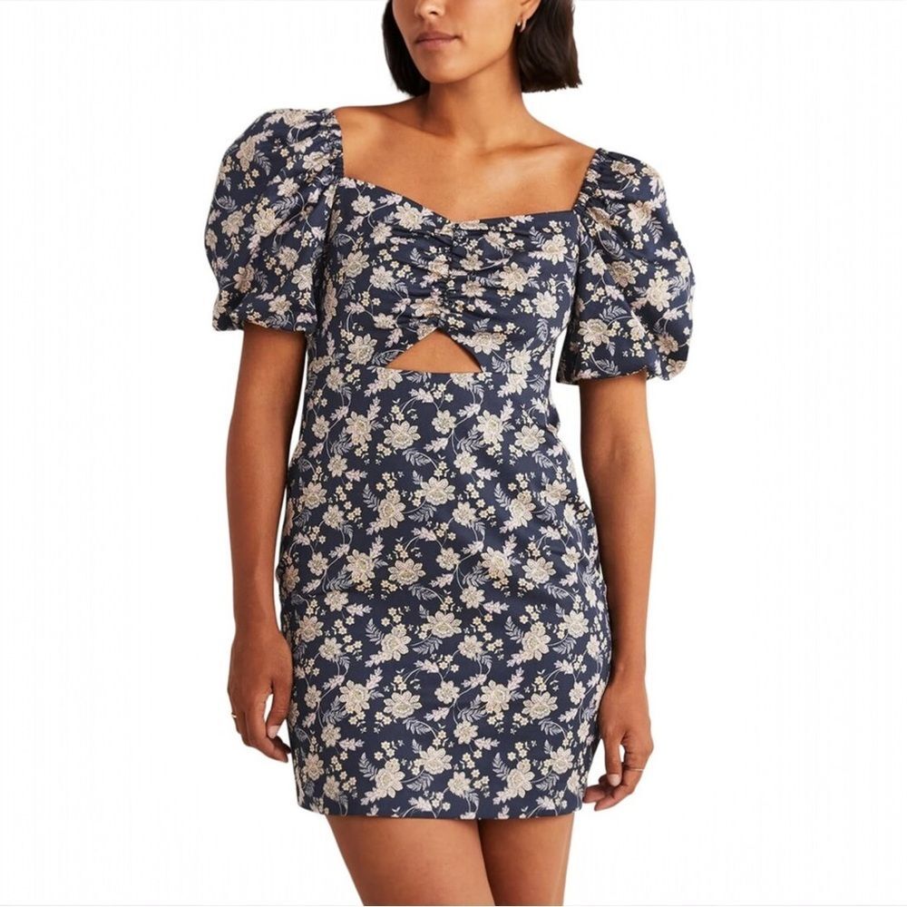 Boden Navy Floral Chintz Bloom Puff Sleeve Cut Out Mini Dress Cotton Size US 4